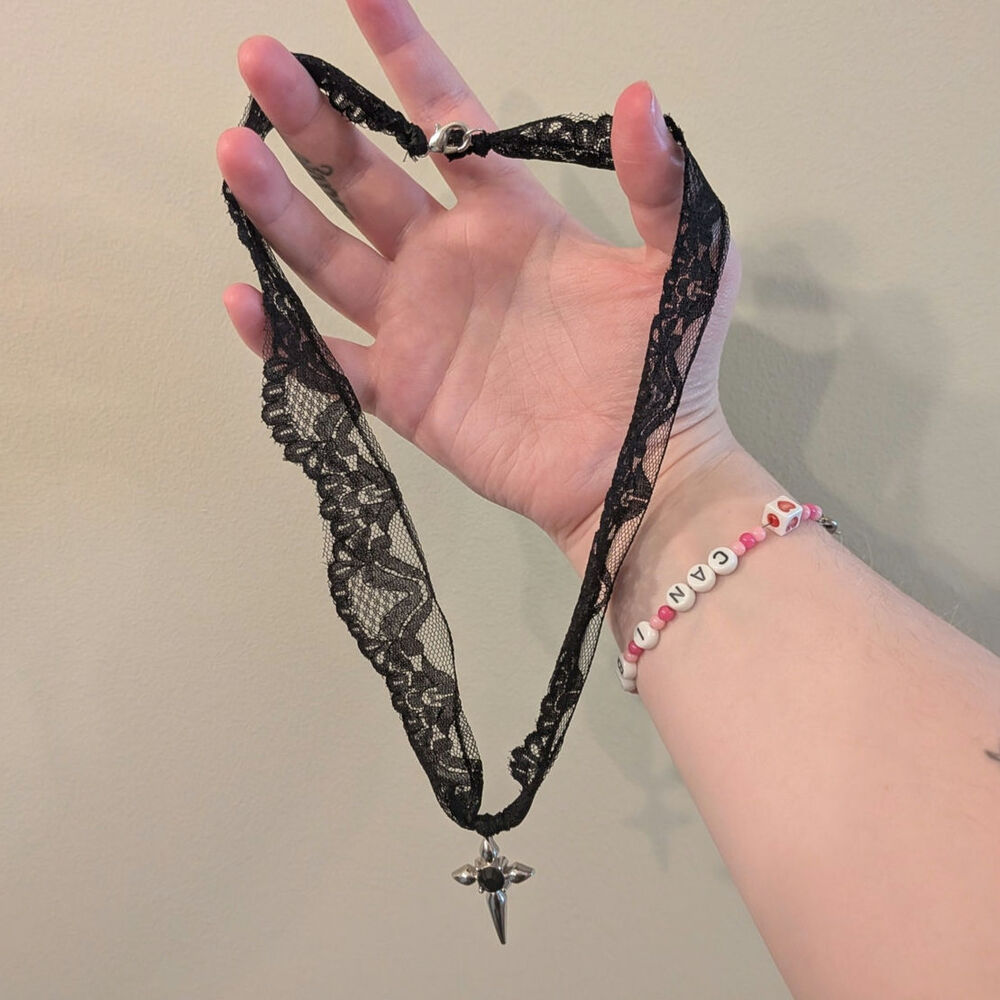 Handmade Gothic Grunge Lace Cross Charm Necklace